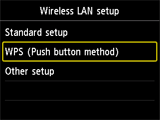 Scherm Instellingen draadloos LAN: Selecteer WPS (Methode drukknop)