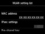Het scherm met de lijst voor draadloze LAN-instellingen