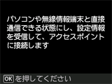 ケーブルレスセットアップ画面：パソコンや無線情報端末を直接通信できる状態にし、設定情報を受信して、アクセスポイントに接続します