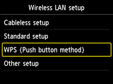 Obrazovka Nastavení bezdrát. sítě LAN: Vyberte možnost WPS (Metoda pomocí tlačítka)
