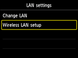 Obrazovka Nastavení sítě LAN: Výběr Nastavení bezdr. LAN