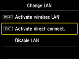 Obrazovka Změna sítě LAN: Výběr možnosti Aktivujte Přímé připojení.