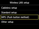 Wireless LAN setup screen: Select WPS (Push button method)