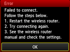 Error screen: Failed to connect.