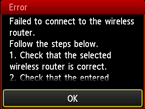 Pantalla de error: Error al conectar con el router inalámbrico.