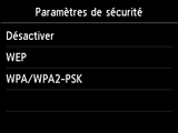 Ecran Paramètres de sécurité