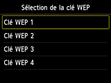 Ecran de sélection de la clé WEP