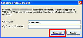 Écran Connexion réseau sans fil