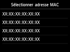 Ecran de sélection de l'adresse Mac