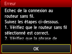 Écran d'erreur : Échec de la connexion au routeur sans fil.