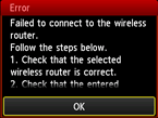 Scherm met foutbericht: Kan geen verbinding maken met de draadloze router.