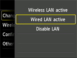 Pantalla Cambiar inalámbrica/cableada: Seleccionar LAN cableada activa