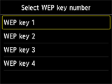 Pantalla de selección de número de clave WEP