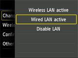 Schermata Modifica senza fili/cablata: Selezione di LAN cablata attiva