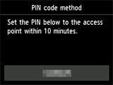 Schermata Metodo codice PIN: Impostare il seguente PIN nel punto di accesso entro 10 minuti.