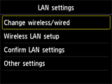 หน้าจอ LAN settings: เลือก Change wireless/wired