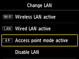 Skjermbildet Endre LAN: Velg tilgangspunktmodus aktivt
