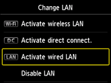 Obrazovka Změna sítě LAN: Vyberte možnost Aktivovat kabel. síť LAN
