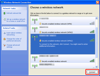 Wireless Network Connection screen