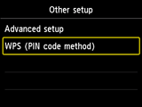 Pantalla Otra configuración: Seleccionar WPS (Método código PIN)
