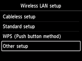 Wireless LAN setup screen: Select Other setup