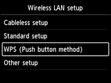 Wireless LAN setup screen: Select WPS (Push button method)