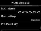 Wireless LAN setting list screen