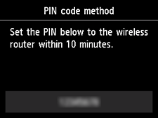 Skærmen WPS (pinkodemetode): Indstil PIN-koden nedenfor til trådløs router inden for 10 minutter.