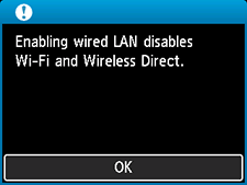 Tela: A ativação da LAN com fio desativa o Wi-Fi e a Conexão direta sem fio.