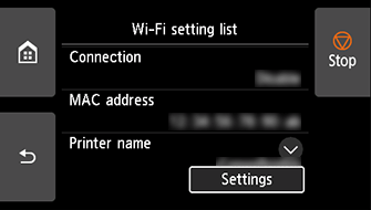 Wi-Fi setting list screen: Select Settings