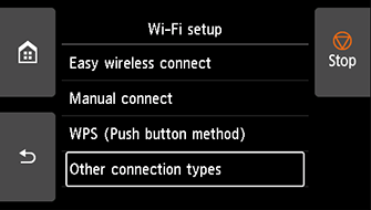 Wi-Fi setup screen: Select Other connection types