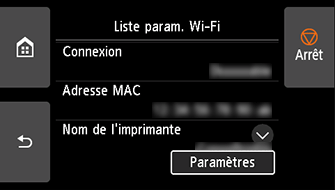 Écran Liste param. Wi-Fi&nbsp;: sélectionnez Paramètres