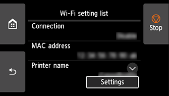 Pantalla Lista configuración Wi-Fi: seleccionar Configuración