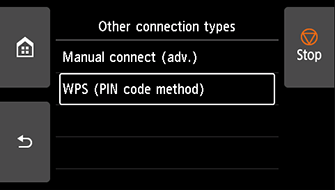 Pantalla Otros tipos de configuración: seleccionar WPS (método de código PIN)