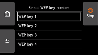 Pantalla Seleccionar número clave WEP