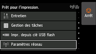 Écran ACCUEIL : Sélection des Paramètres réseau