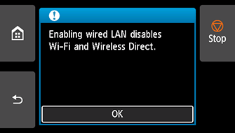 Экран: "Включение проводной сети выключает Wi-Fi и режим беспроводного прямого подключения".