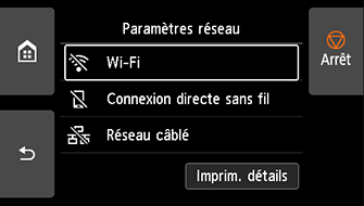 Écran Paramètres réseau : sélectionnez Wi-Fi