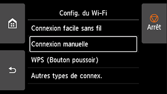 Écran Config. du Wi-Fi : sélectionnez Connexion manuelle