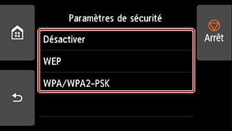 Écran Paramètres de sécurité