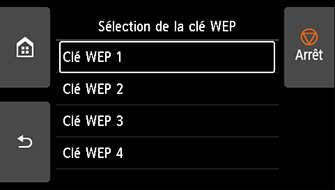 Écran Sélection de la clé WEP