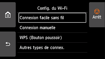 Écran de configuration Wi-Fi : Sélectionnez Connexion facile sans fil