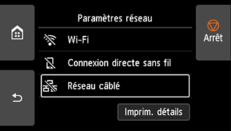 Écran Paramètres réseau : Sélectionnez Réseau câblé