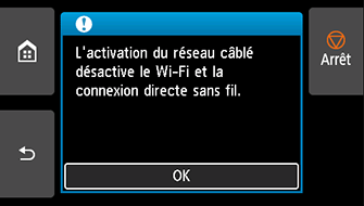 Écran : L'activation du réseau câblé désactive le Wi-Fi et la connexion directe sans fil.