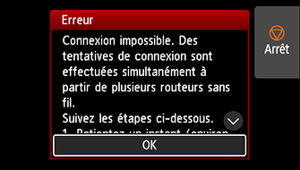 Écran d'erreur : Connexion impossible. Des tentatives de connexion sont effectuées simultanément à partir de plusieurs routeurs sans fil.