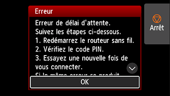 Écran Erreur : Erreur de délai d'attente.