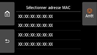 Écran Sélectionner adresse MAC