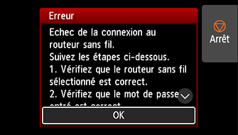 Écran Erreur : Echec de la connexion au routeur sans fil.