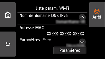 Écran Liste param. Wi-Fi