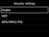 Security settings screen
